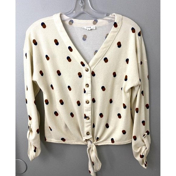 E&M Polka Dot Front Tie Cardigan Ivory / Brown Women's Size S Roll Tab Sleeve - Picture 1 of 8